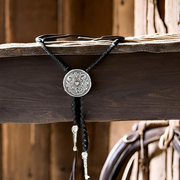 Western Floral Silver Bolo Tie - Picture 1 of 5